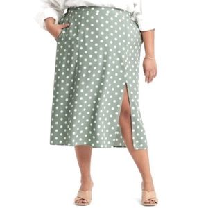 Ava & Viv Sage Green Elastic Waistband Polka Dot Midi Skirt with Flirty Slit